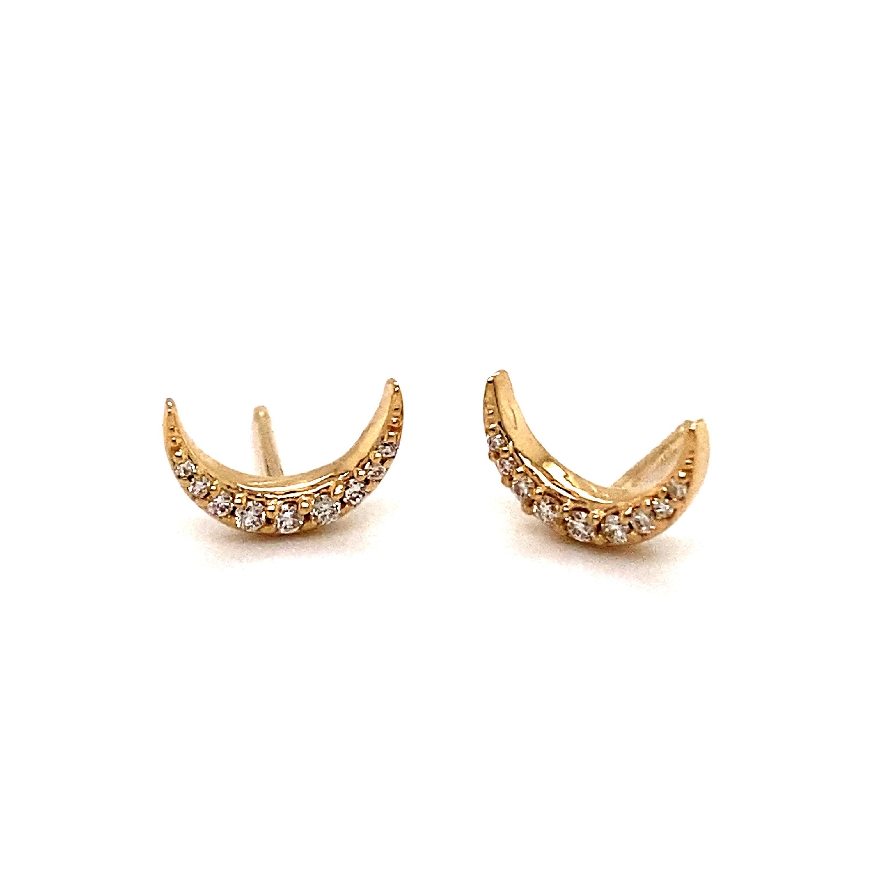 Crescent Moon Diamond Stud Earrings in Solid 14K Gold.